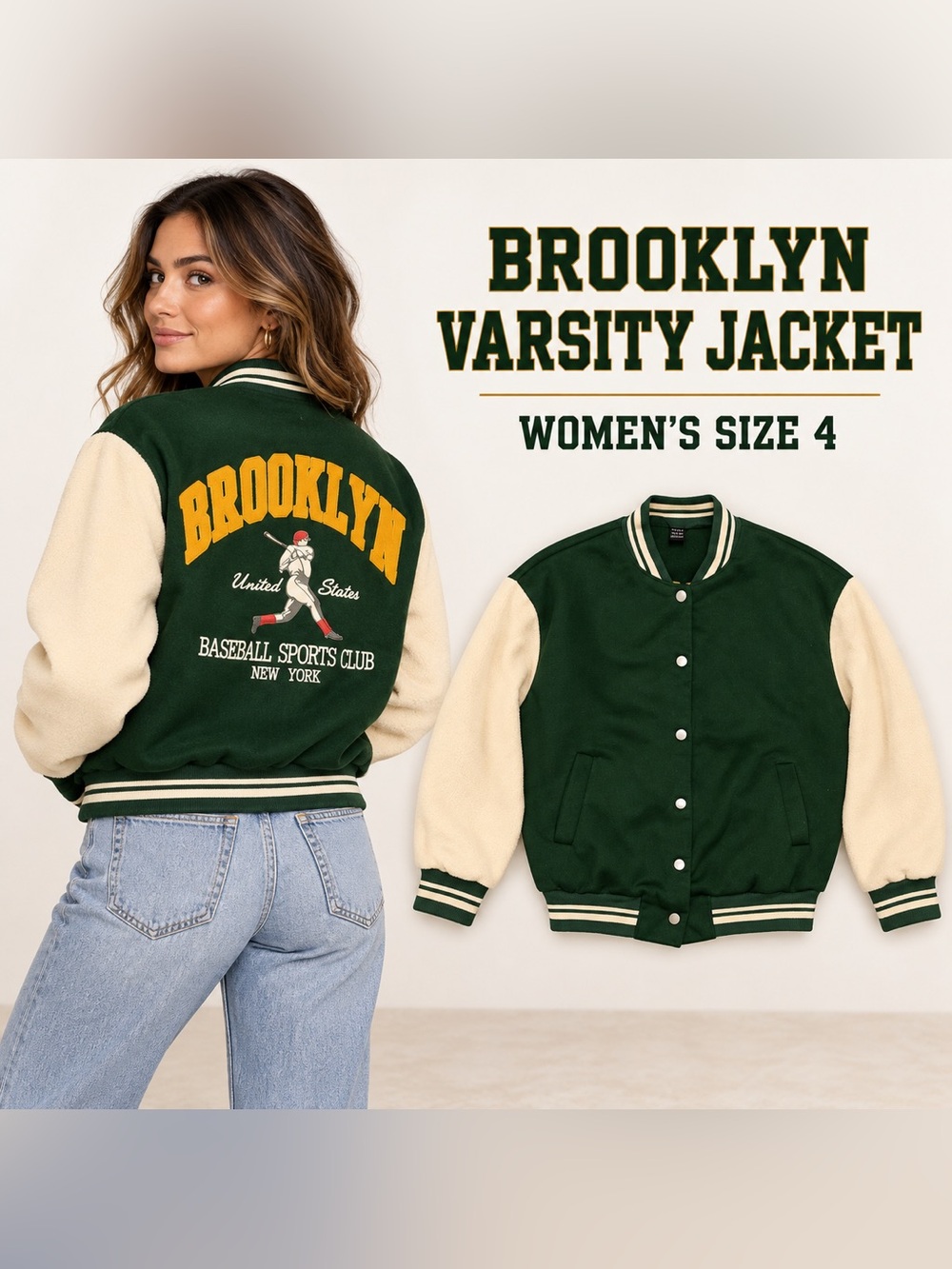Brooklyn Baseball Varsity Jacket Women’s Size 4 Green Cream